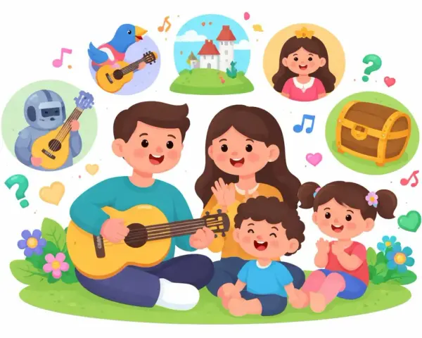 Familie spielt Gitarre, umgeben von Bildern einer Prinzessin, einer Burg, einem Roboter und einer Schatzkiste. Eine musikalische Ballade voller Fantasie.