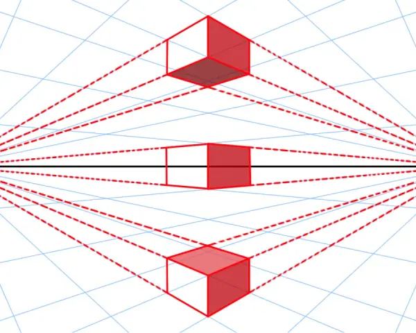 Trois cubes rouges illustrent la perspective oblique, avec des lignes de fuite convergeant vers un point central sur l'horizon.