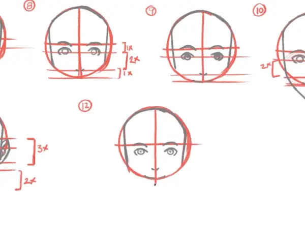 Un dibujo anime a lápiz muestra la construcción de rostros con guías rojas.