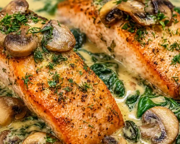Två saftiga filéer av halstrad lax serveras i en krämig sås med spenat och champinjoner, toppad med färsk persilja.