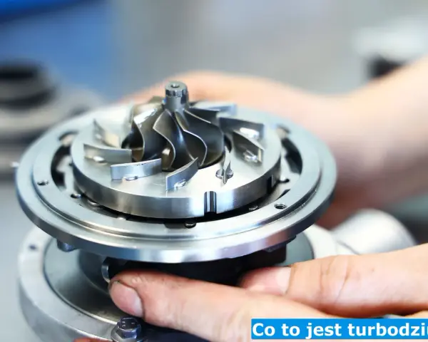Zbliżenie na turbosprężarkę samochodową, którą trzymają dłonie mechanika.