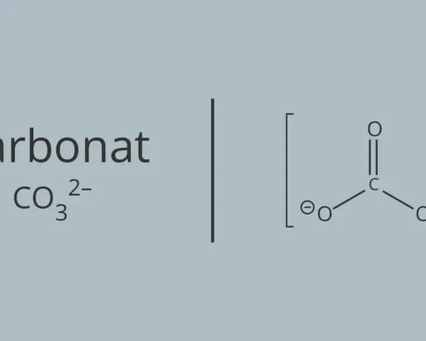 Das **Carbonat**-Ion (CO₃²⁻) mit seiner Lewis-Struktur, die ein zentrales Kohlenstoffatom zeigt, das doppelt an ein Sauerstoffatom und einfach an zwei weitere Sauerstoffatome gebunden ist, die jeweils eine negative Ladung tragen.