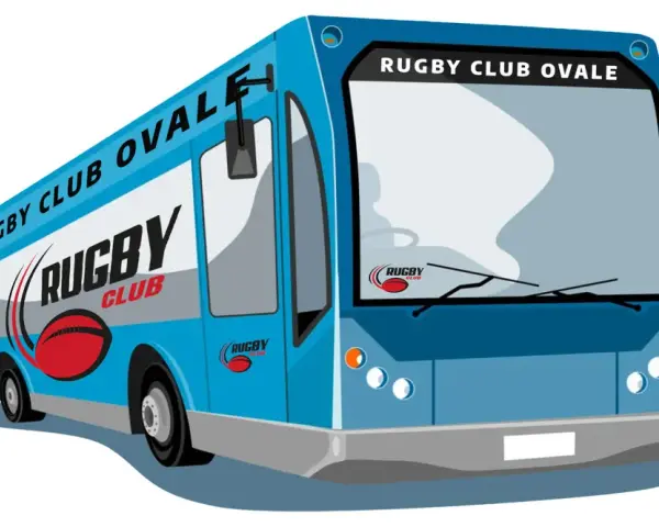 Bus bleu du Rugby Club Ovale, prêt pour le transport des joueurs. Autorisation de transport club sportif validée !