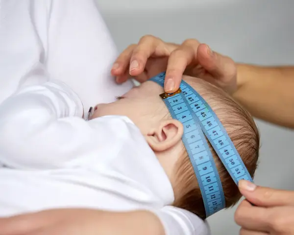 Dłoń mierzy obwód głowy niemowlęcia niebieską miarką krawiecką.