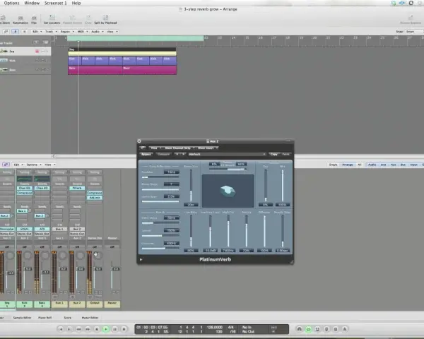 Ustawienia wtyczki PlatinumVerb w Logic Pro pokazują, jak działa reverb, dodając przestrzeni dźwiękom.
