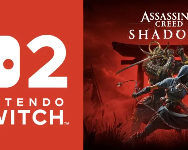 Logo de Nintendo Switch 2 junto a la portada de Assassin's Creed Shadows, con samuráis y ninjas en acción.