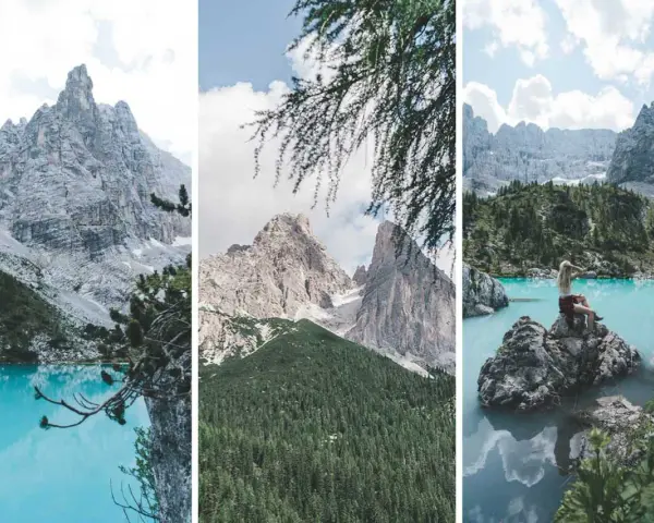Drei Ansichten des Sorapis Sees mit türkisfarbenem Wasser, schroffen Bergen und grünen Wäldern. Eine Frau sitzt auf einem Felsen am Ufer.