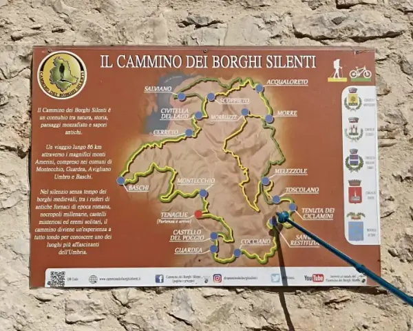 Mappa del Cammino dei Borghi Silenti, un percorso di 86 km tra natura, storia e borghi medievali dell'Umbria.