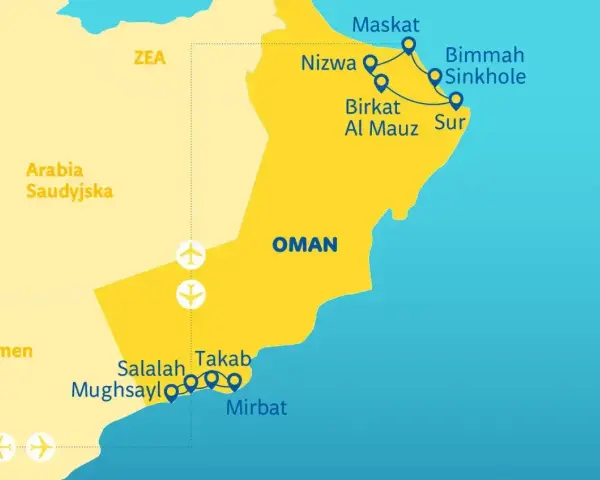 Mapa pokazuje, gdzie leży Oman, z zaznaczonymi miastami: Maskat, Nizwa, Sur, Salalah. Widać też sąsiednie kraje: ZEA, Arabia Saudyjska, Jemen.