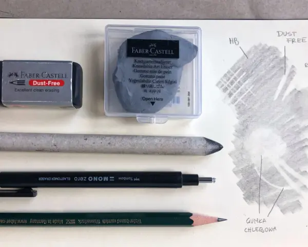Ołówki do rysunku technicznego i akcesoria: gumki Faber-Castell, Tombow, rozcieracz, ołówek HB.