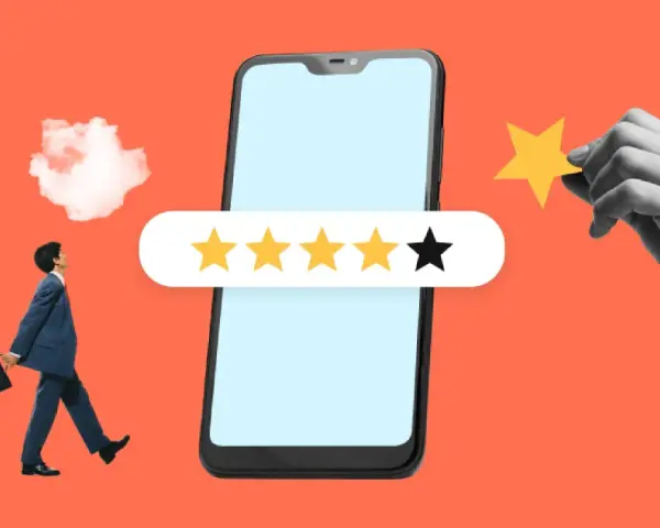 Un hombre de negocios camina hacia un teléfono con una reseña de 4 estrellas. Una mano añade la quinta estrella, ilustrando que es sampling.