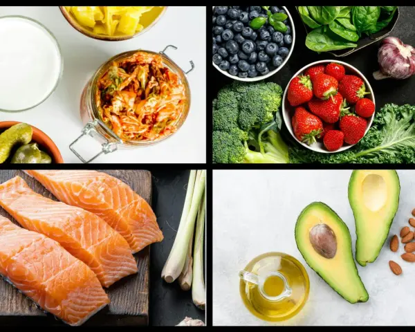 En samling livsmedel som passar för antiinflammatorisk kost: lax, bär, grönsaker, avokado, nötter och fermenterad mat.