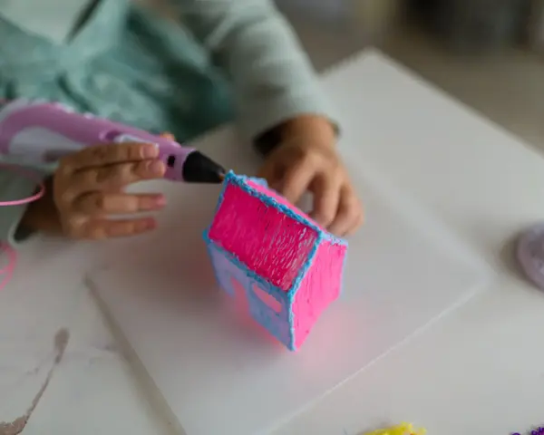Dziecko tworzy domek z różowego i niebieskiego filamentu. Długopis 3d nie wciąga filamentu, ale tworzy trójwymiarowe dzieło.