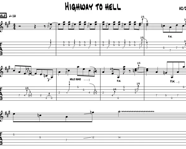 Notenblatt für das Gitarrensolo von "Highway to Hell" mit TAB-Notation.