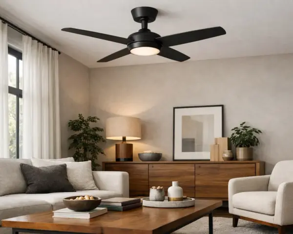 Ventilador de techo negro moderno con luz LED, que demuestra que son efectivos para crear un ambiente fresco y acogedor en un salón elegante.