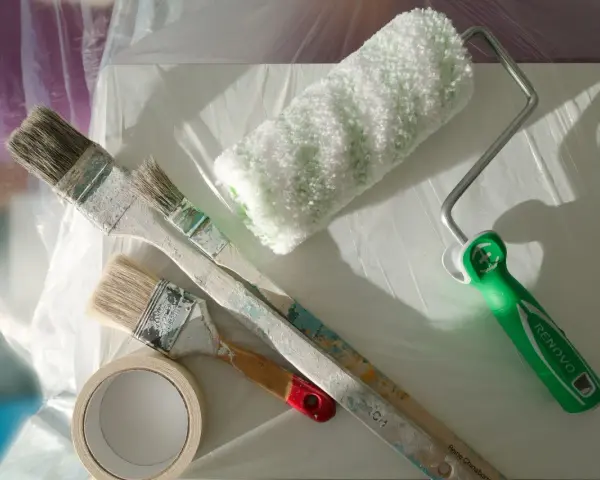 Pinceaux, rouleau, ruban de masquage et protection plastique pour le nettoyage après l'application d'acrylique.
