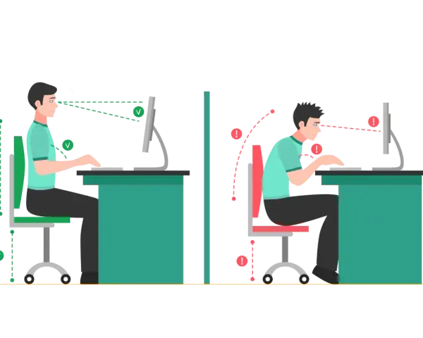 Dziecko przed komputerem: po lewej prawidłowa postawa, po prawej zgarbiona. Dbaj o ergonomię!