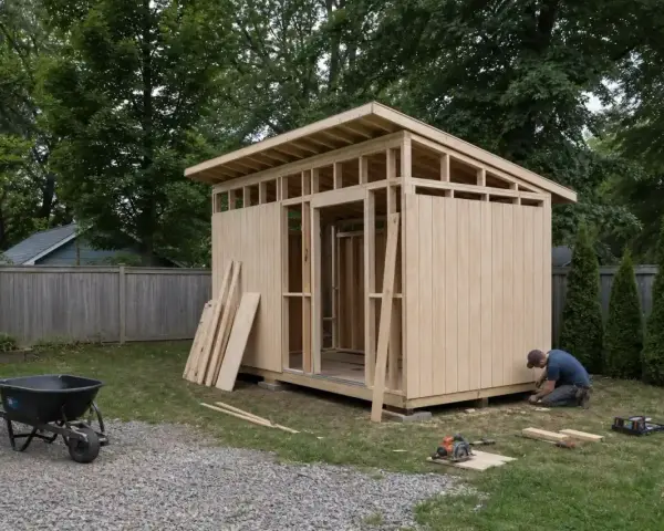 Man bygger en bod utomhus. Trämaterial och verktyg ligger utspridda på gräsmattan.