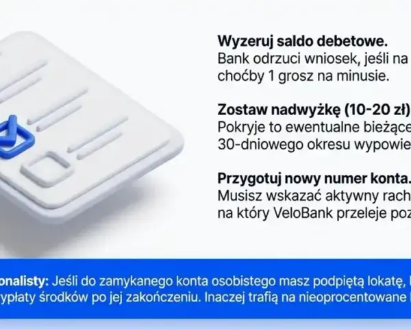 Ikona listy kontrolnej z zaznaczonymi zadaniami. VeloBank SA wymaga zerowego salda debetowego do zamknięcia konta.