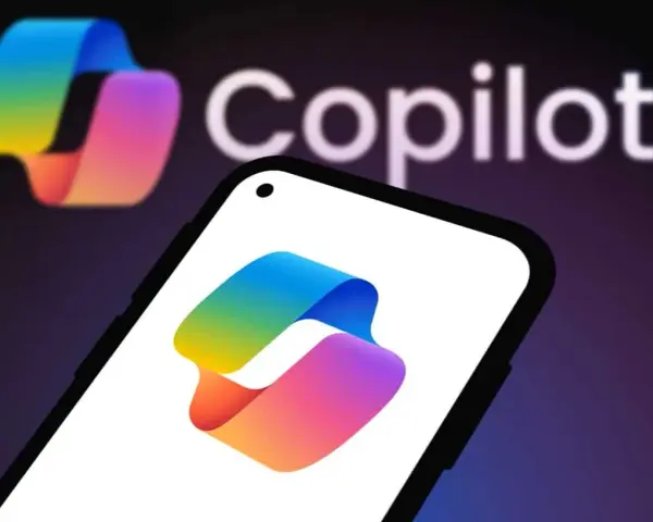 Kolorowe logo Copilot 365 na ekranie smartfona i w tle.