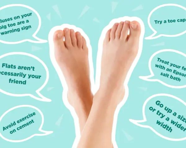 A pair of bare feet, with advice bubbles suggesting treatments like soaking feet in cold water with Epsom salt.