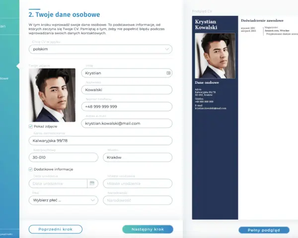 Krystian Kowalski uzupełnia swoje CV, wpisując dane osobowe: imię, nazwisko, adres, telefon i e-mail.