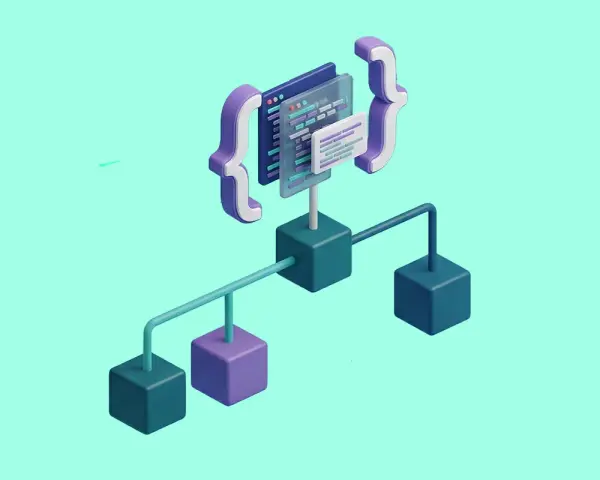 Abstrakte Darstellung von Code-Fenstern, umgeben von geschweiften Klammern, verbunden mit Würfeln. Symbolisiert universelle Suche und Datenverarbeitung.
