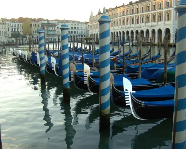 Una fila di imbarcazioni tipiche veneziane, le gondole, ormeggiate lungo un canale, con i loro caratteristici pali a strisce blu e bianche.