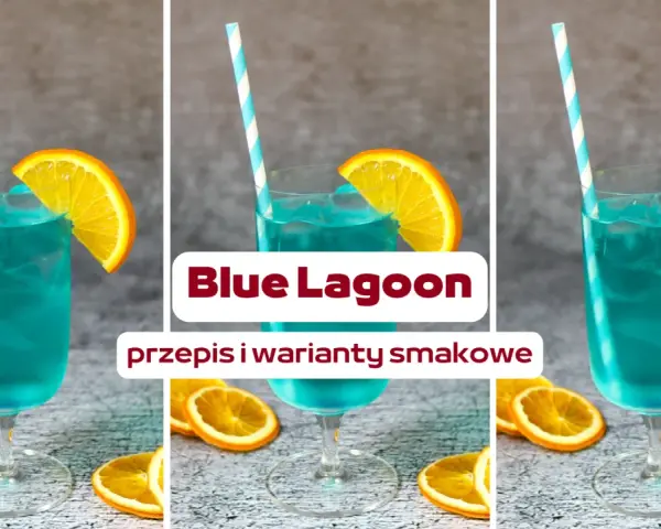 Trzy identyczne drinki Blue Lagoon z plasterkiem pomarańczy i niebieską słomką, otoczone plasterkami pomarańczy.