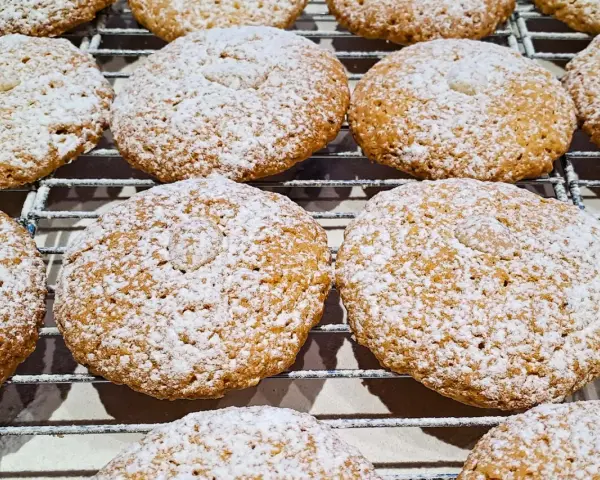Deliziosi biscotti con farina di mandorle, cosparsi di zucchero a velo, riposano su una griglia.