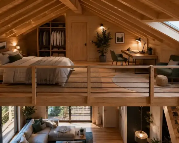 Aménagement mezzanine chaleureux avec lit douillet, bureau et coin détente. L'espace maximise le bois et la lumière naturelle.