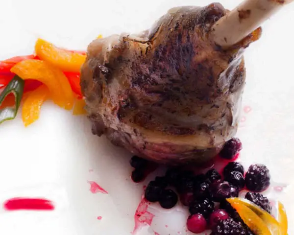 Delicioso jarrete de cordero asado, acompañado de pimientos de colores, arándanos y una salsa roja.