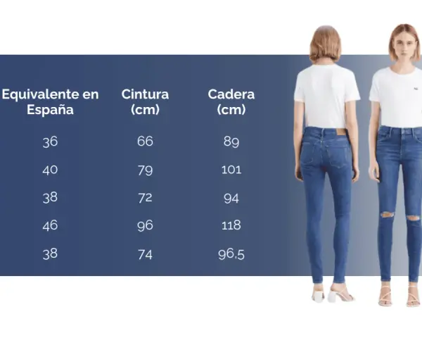Guía de tallas de pantalón mujer: talla 26 en España equivale a 38, con medidas de cintura y cadera.