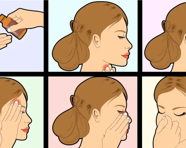 Illustrations show face massage steps: applying oil, massaging neck, cheek, forehead, eyes, and nose.