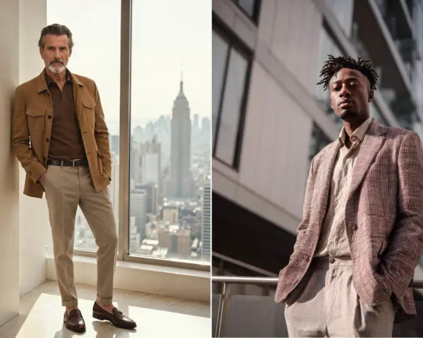 Hombre con un impecable atuendo smart casual, chaqueta color camel, polo marrón y pantalones beige.