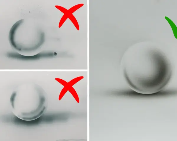 Poprawna kula cieniowania z subtelnym gradientem i cieniem. Dwie poprzednie próby z czerwonymi krzyżykami pokazują nieudane efekty.