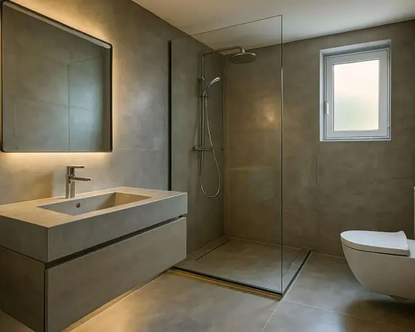 Salle de bain moderne avec lavabo en béton ciré, douche à l'italienne et WC suspendu. L'éclairage indirect du miroir crée une ambiance douce.