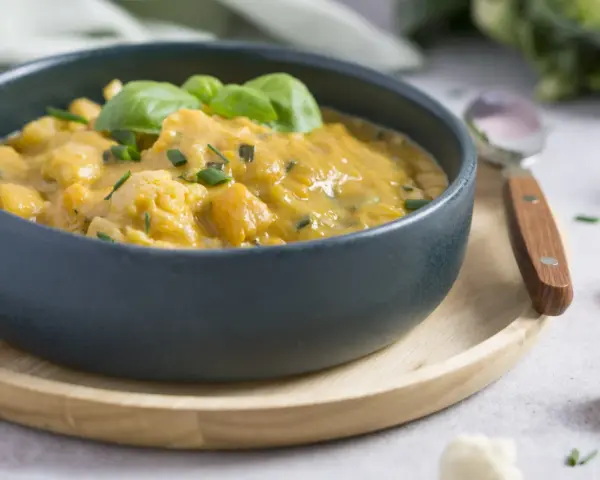 Cremiges Curry mit Blumenkohl, garniert mit Basilikum und Schnittlauch. Ein köstliches Gericht, das Lust auf mehr Blumenkohl Rezepte macht.