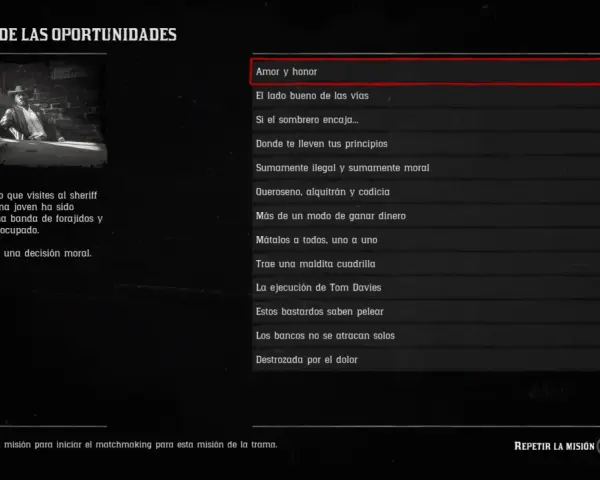 Pantalla de misión "Amor y honor" de la guía Red Dead Redemption 2. Un hombre con sombrero está sentado en un escritorio.