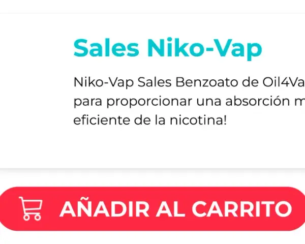 Botella de Niko-Vap Salt Benzoate, con la fórmula de la nicotina optimizada para rápida absorción.