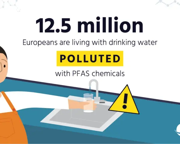 12,5 mln Europejczyków pije wodę zanieczyszczoną chemikaliami PFAS. Znak ostrzegawczy przy kranie symbolizuje zagrożenie.