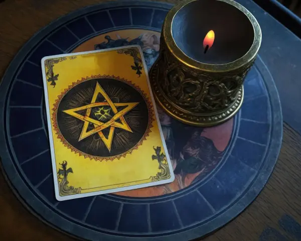 Karta z pentagramem, świeca w ozdobnym świeczniku i okrągła mata do wróżb. Jakby z obrazów Monet, tarot zaprasza do tajemnic.
