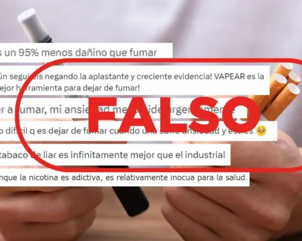Manos sostienen un vaper y cigarrillos, rodeados por un círculo rojo con la palabra "FALSO". Mensajes sobre vapear y fumar se superponen.