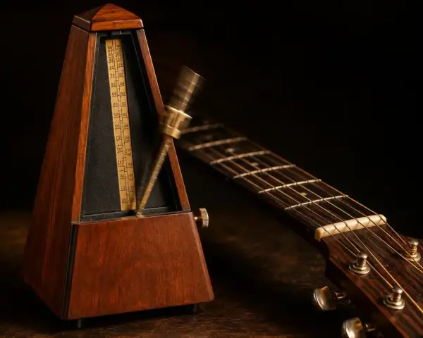 Un métronome en bois et une guitare acoustique, prêts pour la répétition. Le métronome bat la mesure, le temps de **half time** est en cours.