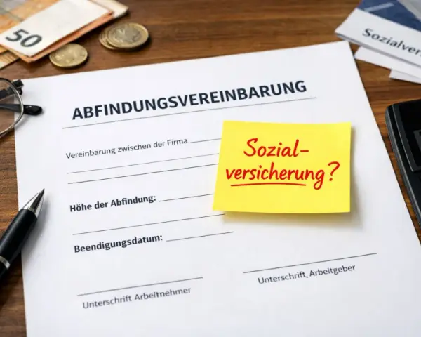 Abfindungsvereinbarung mit Fragezeichen zur Sozialversicherung. Geld, Brille, Stift und Taschenrechner liegen bereit.