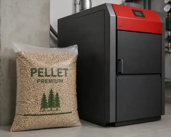 Nowoczesny piec na pellet premium obok worka z paliwem. Idealny do ogrzewania domu przez cały rok.