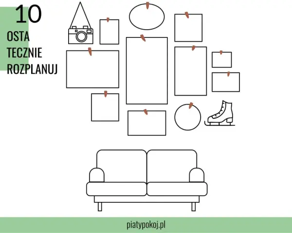 Ostro zaplanuj dekorację ściany w sypialni galeria: ramki, aparat, łyżwy i kanapa.