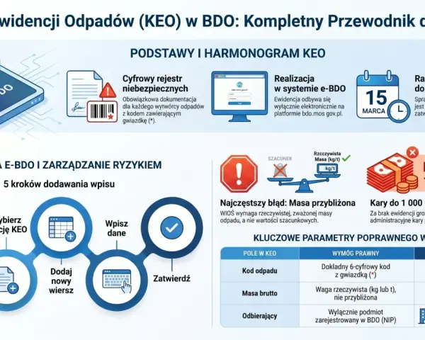 Karta Ewidencji Odpadów (KEO) w BDO. Podano przykładowy kod odpadu drewno, wymagany jest dokładny 6-cyfrowy kod z gwiazdką.