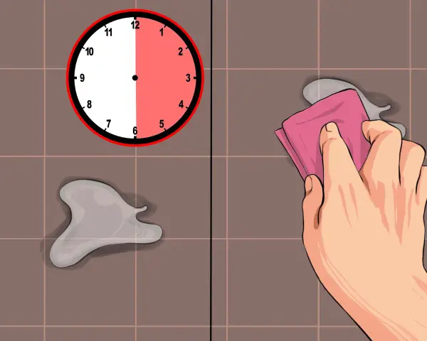 A clock shows half past 6, indicating how long does E6000 take to dry. A hand wipes away a spill.