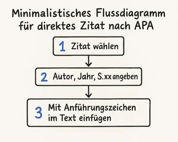 Minimalistisches Flussdiagramm für direktes Zitat nach APA: 1. Zitat wählen, 2. Autor, Jahr, S. xx angeben, 3. Mit Anführungszeichen im Text einfügen.